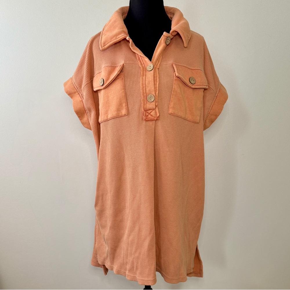 Oddi Coral Peach‎ Ribbed Henley Tunic Top Plus Size 3XL IT14757P Short Sleeve